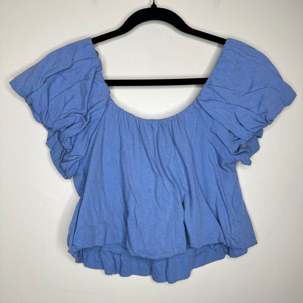 Free People Sunnie Tee Blue Puff Sleeve Cropped Bubble Periwinkle Blue Sz Medium - Picture 6 of 6